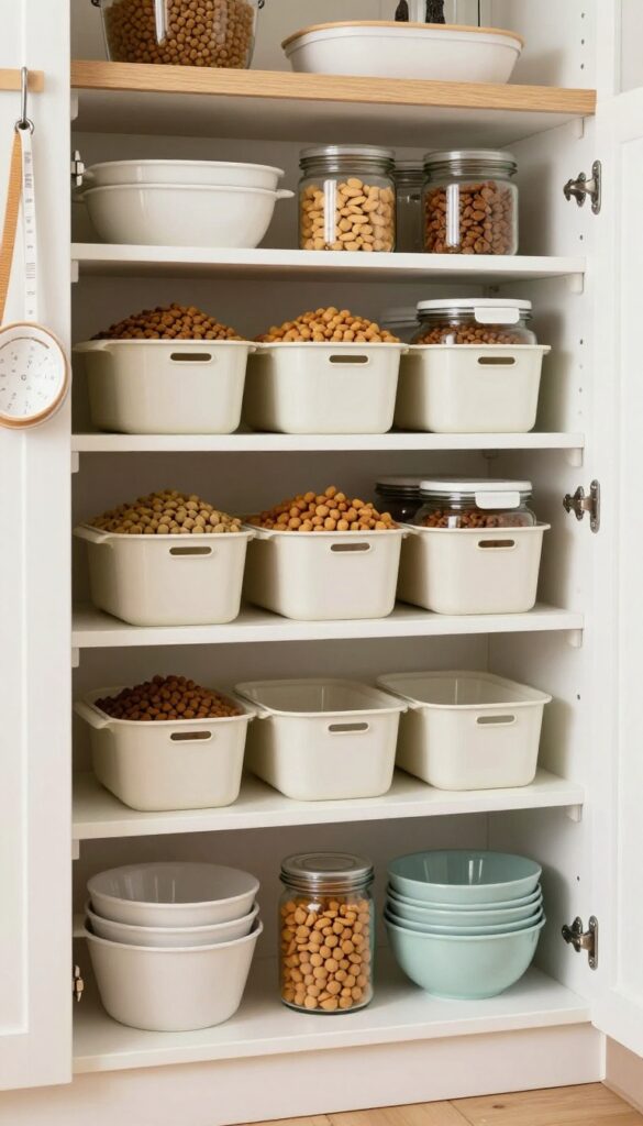 A dedicated pet food cabinet in a pantry, showing organized storage for dog food and accessories with bright natural lighting.