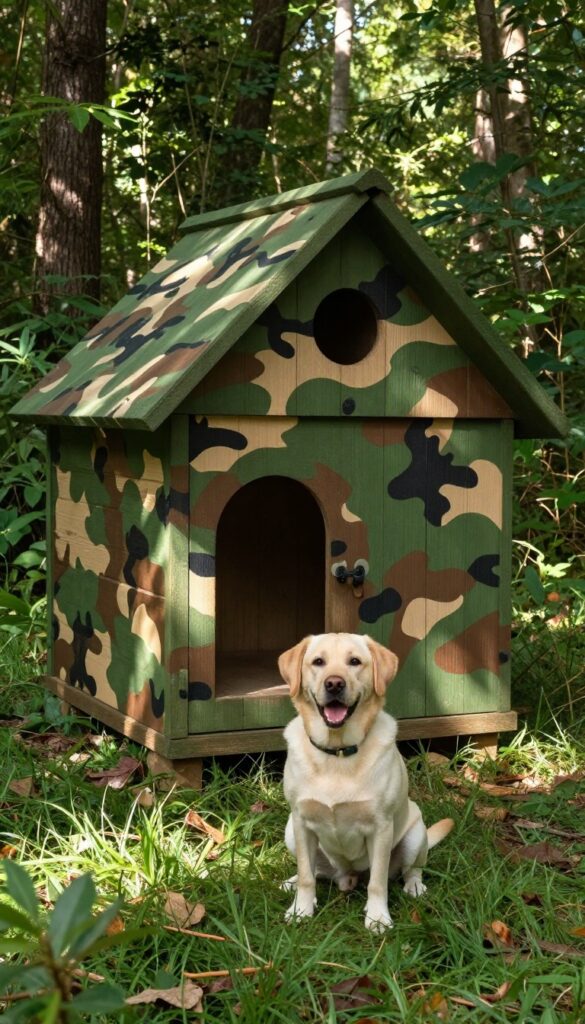 Camouflage green and brown painted dog house blending into a wooded yard with a Labrador retriever nearby.