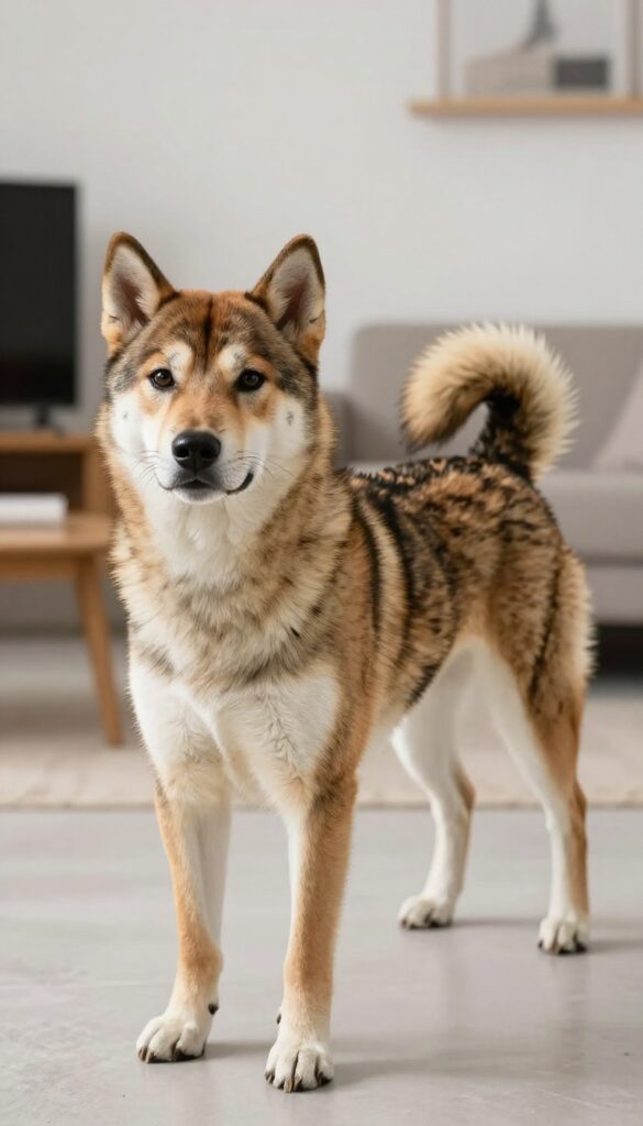 A Kai Ken dog with groomed brindle stripes in natural light, illustrating the enhanced tiger-like pattern from Japanese grooming styles.