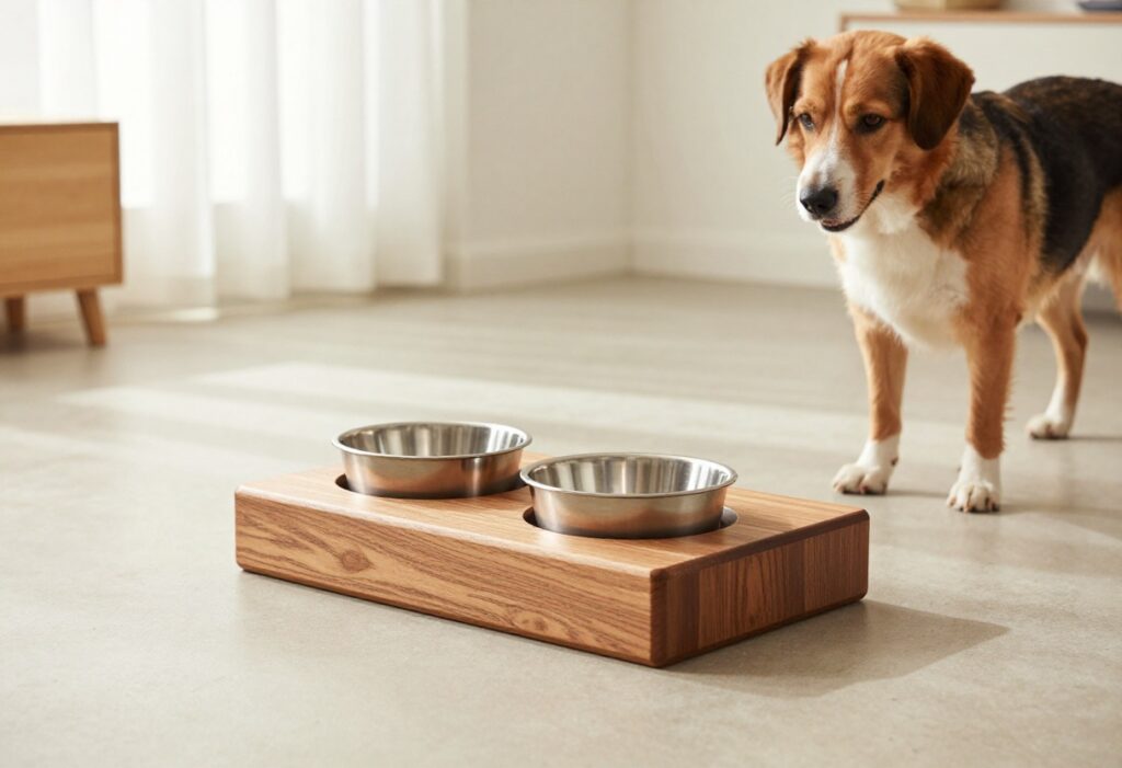 Mid-century modern dog feeder with wooden stand and stainless steel bowls in a stylish home, showing a dog approaching for feeding.