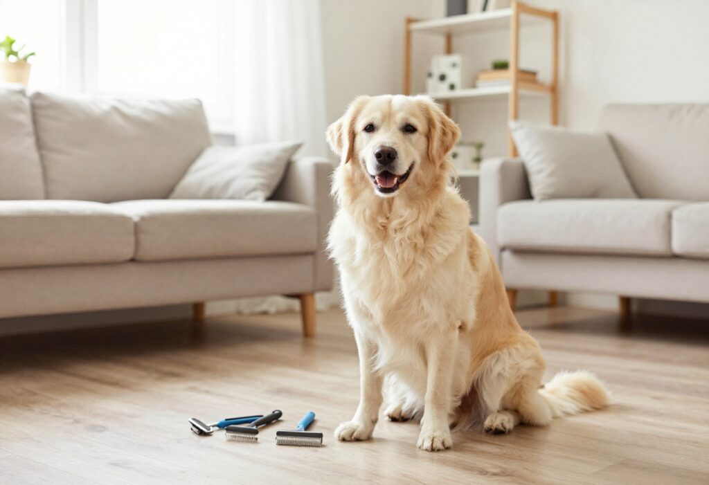 A content dog in a home grooming setup with brushes and supplies, showcasing the benefits of regular grooming.