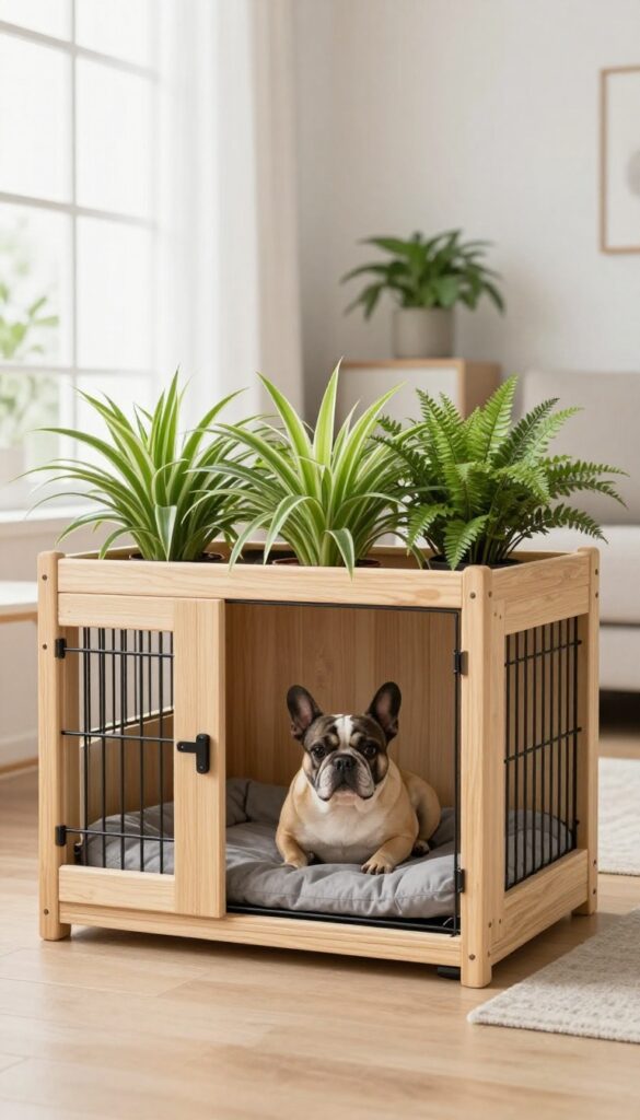 A wooden dog crate with built-in planters filled with greenery, placed in a bright living room with a French Bulldog resting inside.