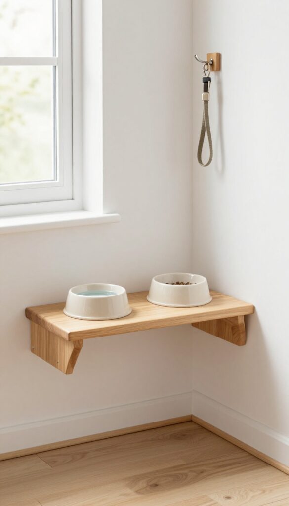A custom wooden shelf in a corner serving as a dog feeding station, with two bowls and a leash on a hook, in a bright modern apartment.