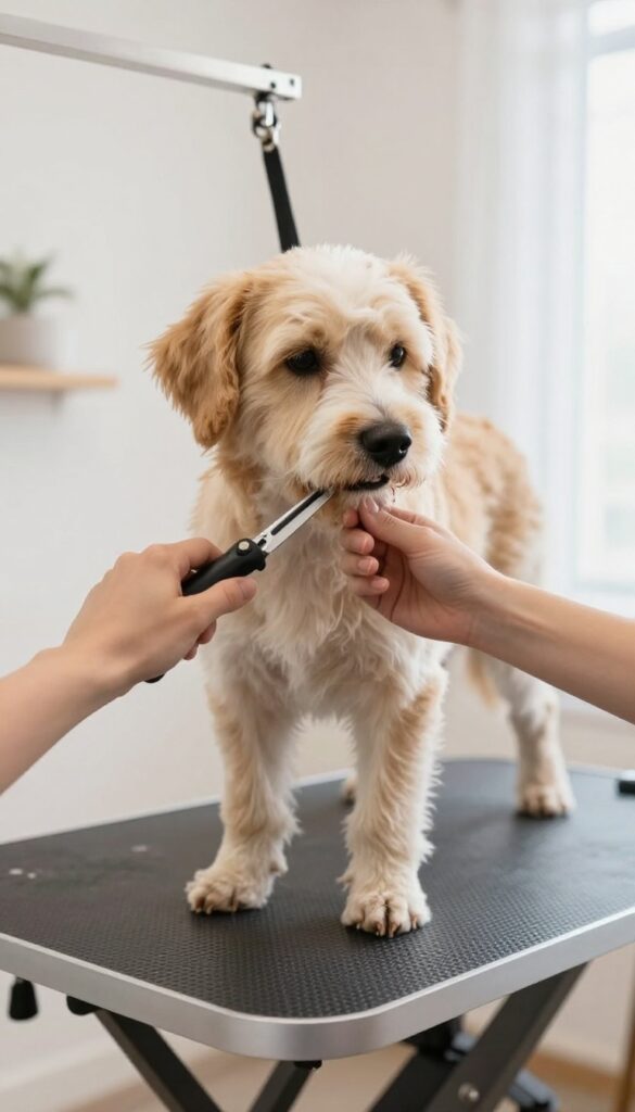 A close-up view of a dog's paw being groomed under adjustable lighting in a clean, bright grooming setup, showcasing improved visibility for precise nail trimming in a welcoming environment.