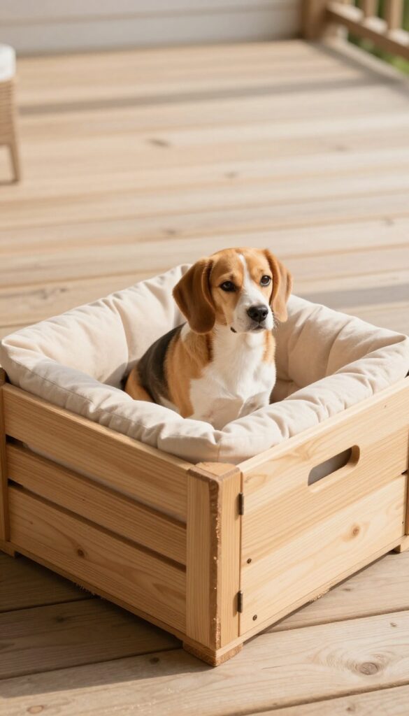 Wooden crate dog house with cushion and beagle inside
