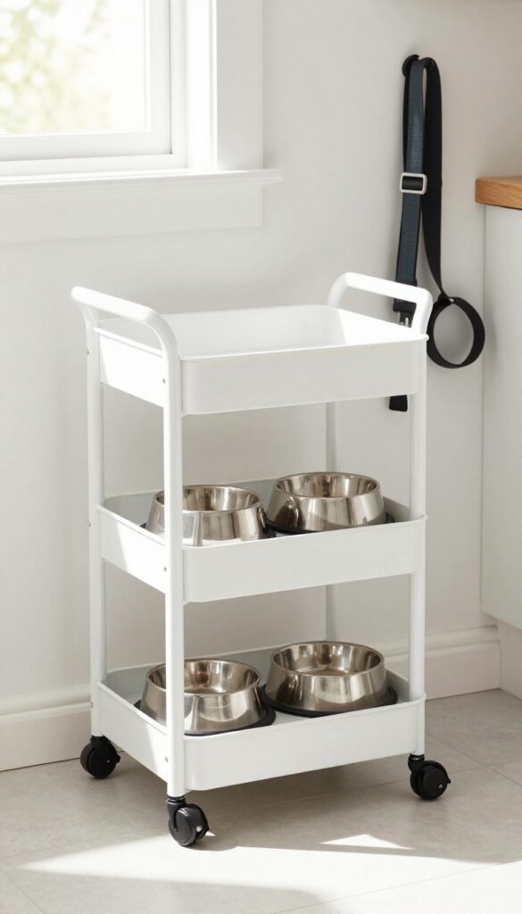 White rolling cart with dog bowls, non-slip mat, and lockable casters in a bright kitchen, flexible feeding station for small spaces.
