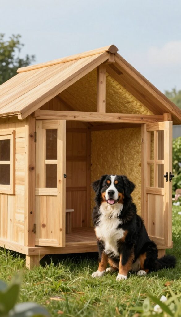 Insulated wooden dog house with removable roof in sunny backyard with Bernese Mountain Dog
