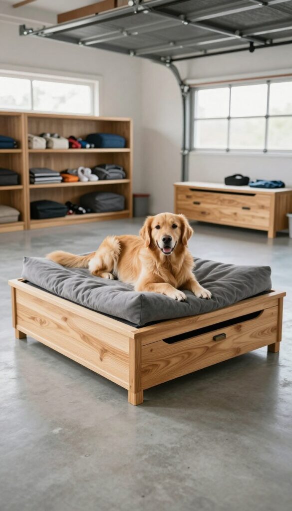 Raised platform dog bed with storage drawers in a garage, featuring a Golden Retriever resting comfortably.