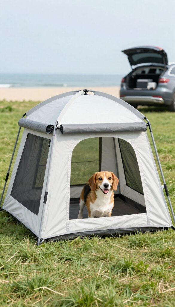 Portable pop-up tent dog house with PVC frame and mesh window in a sunny outdoor setting, dog peeking out.