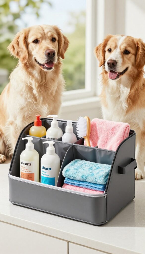 A portable grooming caddy organized with dog grooming essentials in a bright, clean setting, featuring a happy dog after bath time.