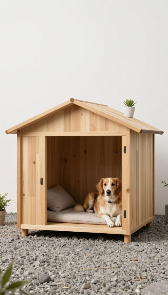 Modern minimalist dog house in a contemporary yard with a dog lounging inside and a plant on the flat roof