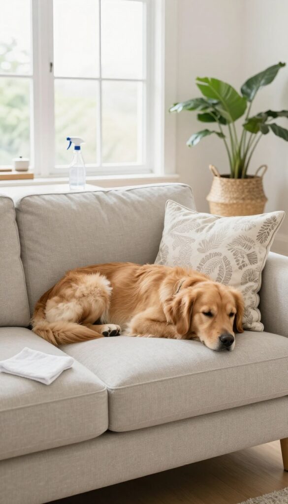 A golden retriever relaxing on a stylish performance fabric sofa in a bright, modern living room.