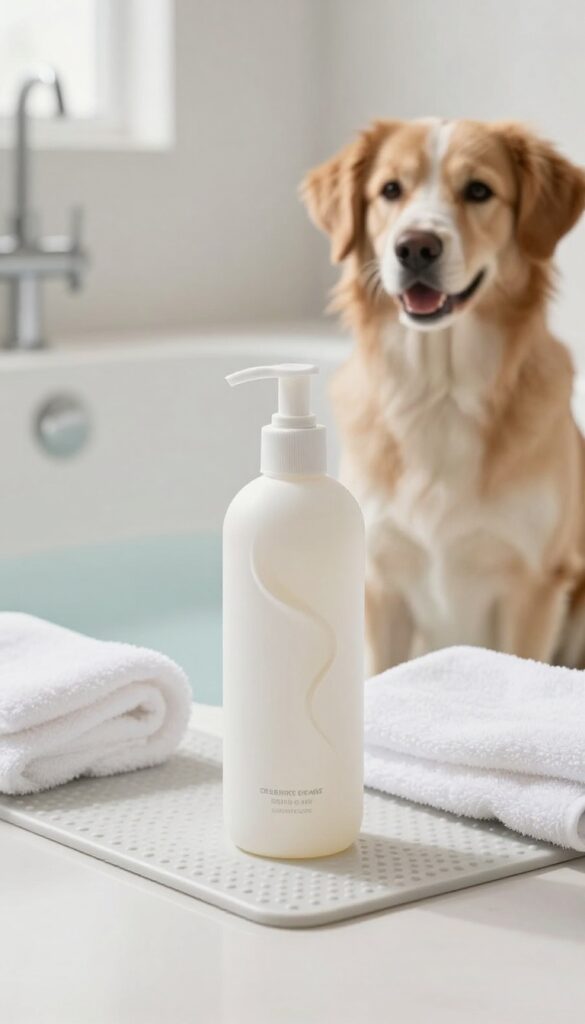 Premium dog shampoo and grooming setup in a bright bathroom, featuring a clean bathtub with non-slip mat and towels, showcasing gentle scented products for a luxurious bath experience.