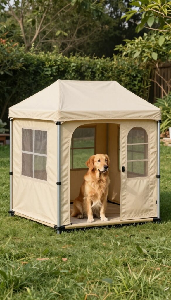 Portable canvas tent-style dog house for large breeds in a sunny backyard