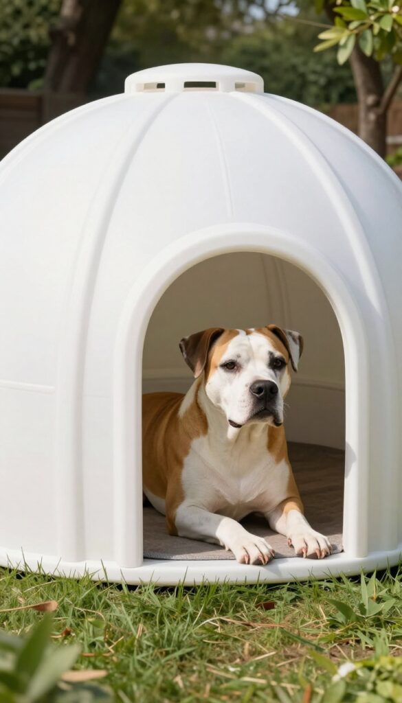 Large heavy-duty plastic igloo-style dog house for big breeds in sunny backyard with a dog resting inside