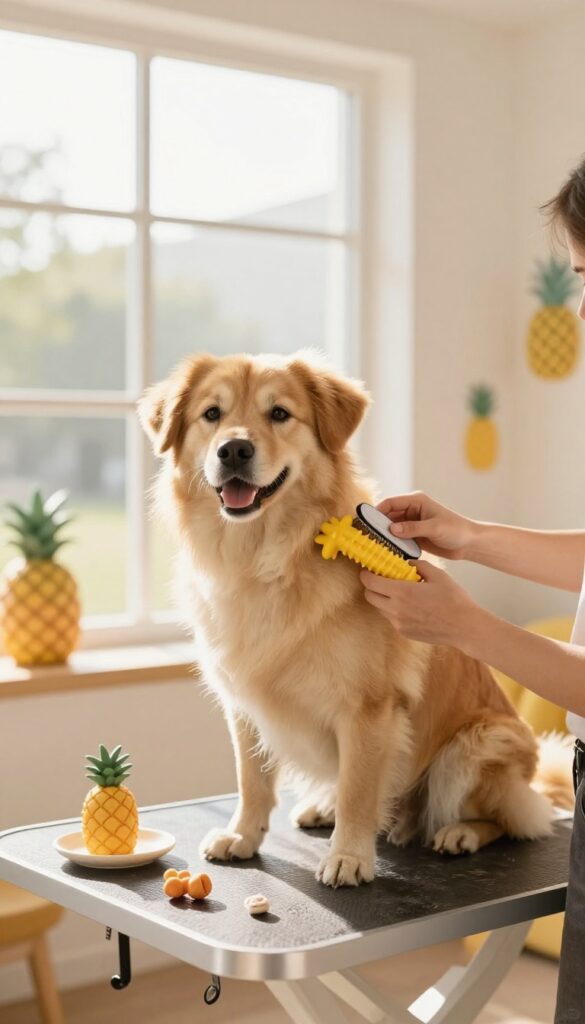 A dog being groomed in a salon with toys and treats as distractions to keep it engaged and happy.