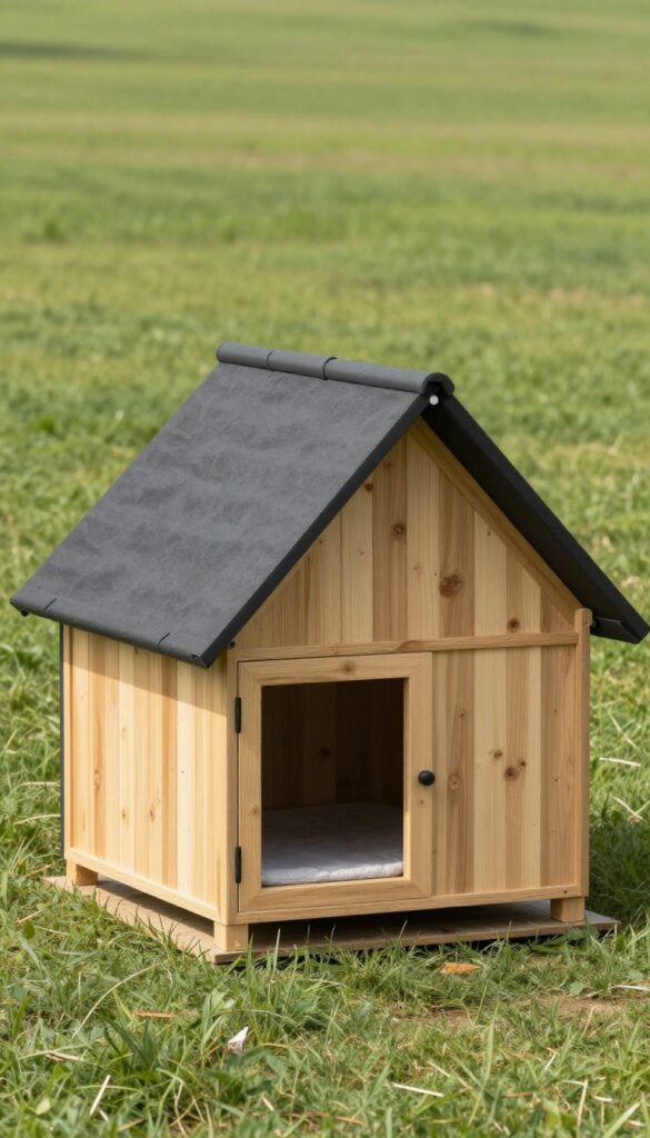 Modern A-frame dog house with removable roof in a sunny yard