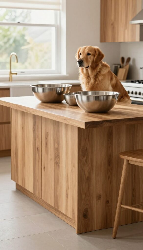A custom-built kitchen island with built-in dog bowl nooks in a bright, clean kitchen, featuring a Golden Retriever ready to eat
