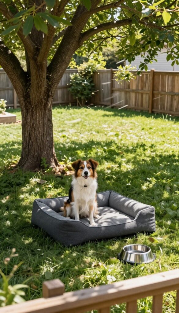 Dog lounging on a bed under a tree in a shaded backyard with a water bowl nearby