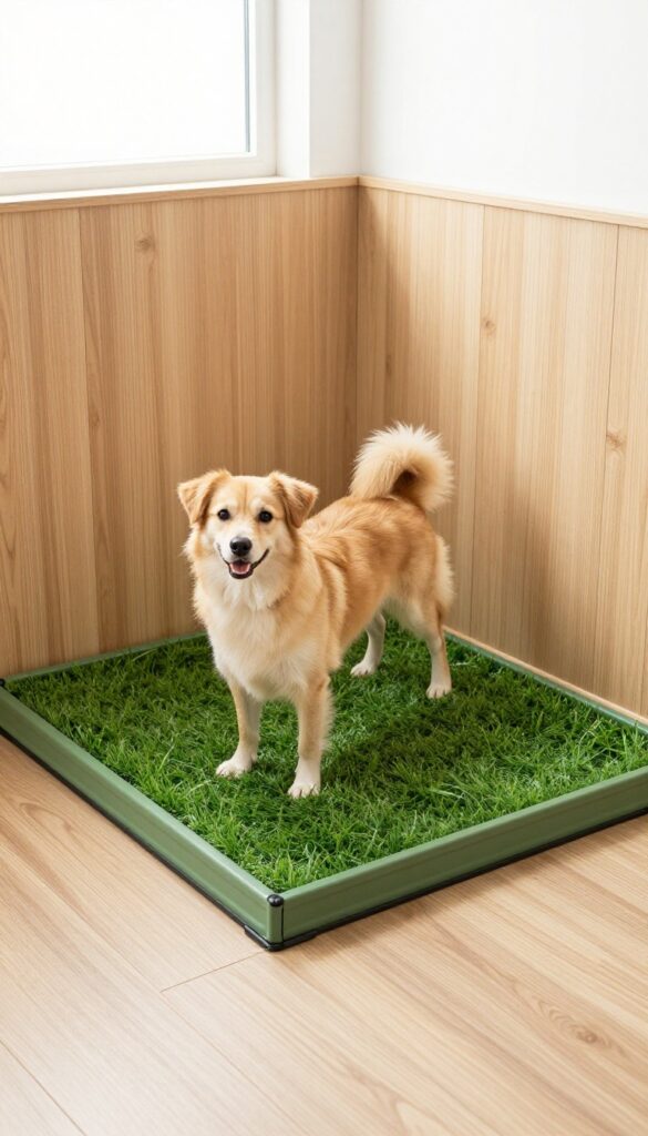 Indoor potty area for dogs in a small space with grass patch tray and privacy screen