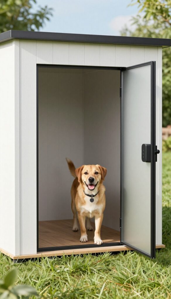 A dog approaching a modern dog house with an automatic sensor door opening.
