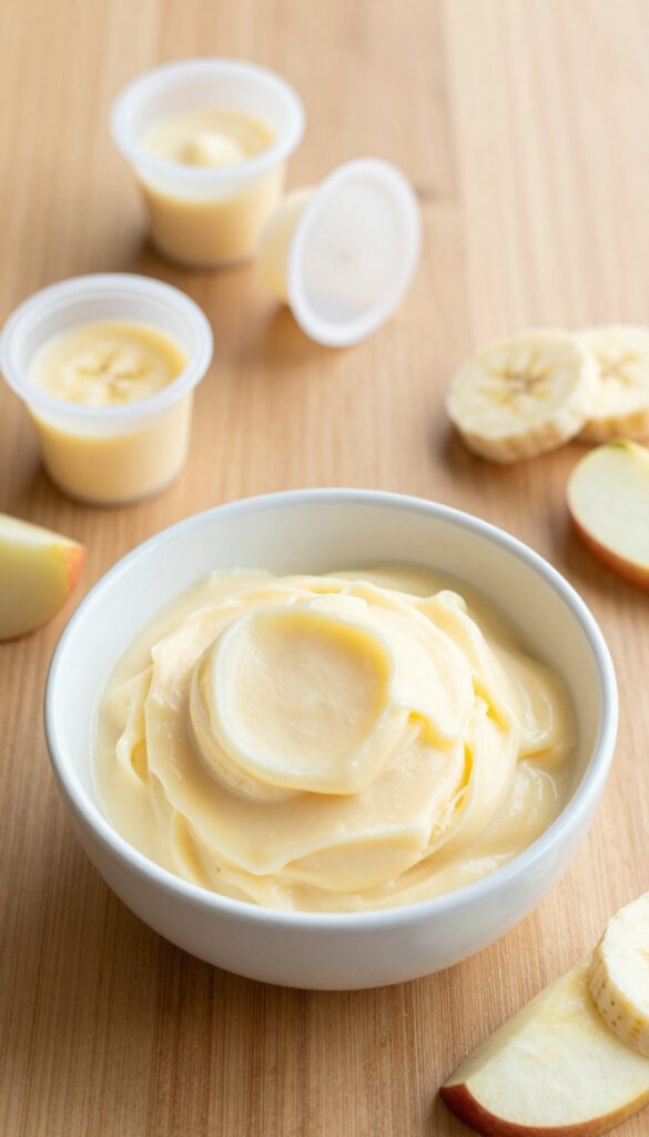 A homemade banana and apple frozen pup cup mixture in a bowl with silicone molds, showing dog-safe ingredients for a refreshing treat.