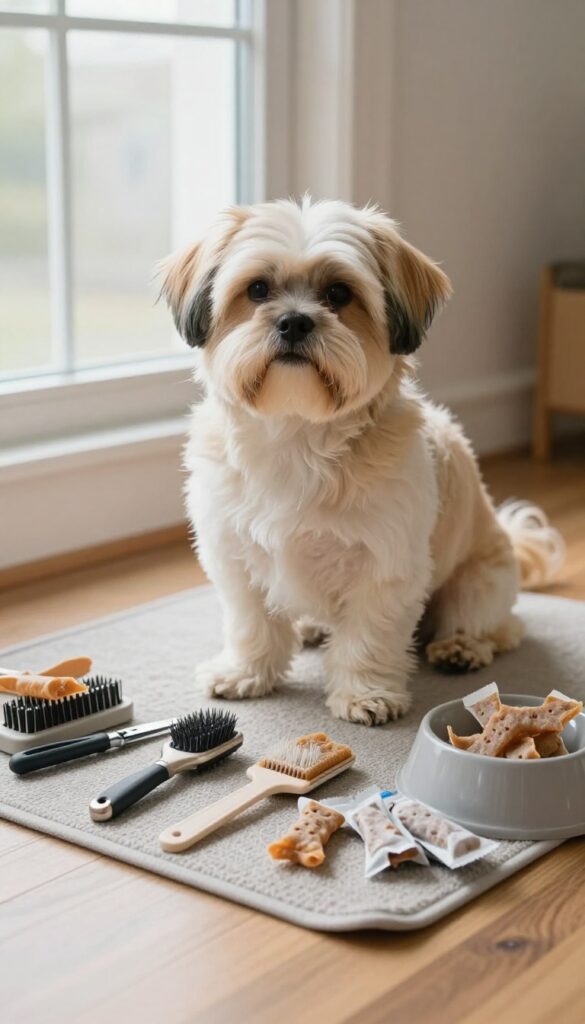 A long-haired dog in a home grooming setup with tools and treats, showing a stress-free trim for daily coat care.