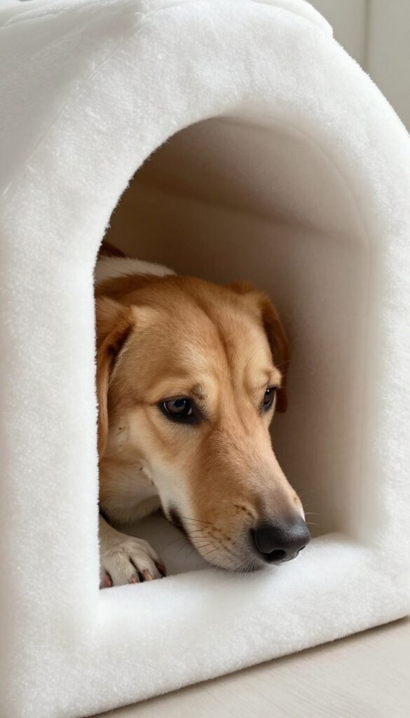 Dog entering dog house with insulated weather flap