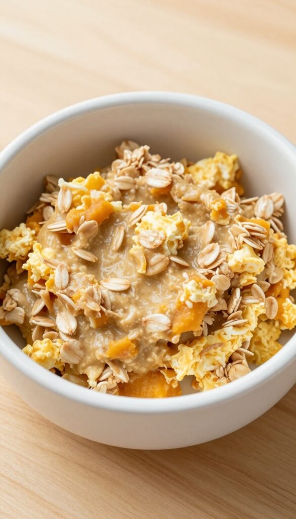A bowl of homemade egg and oat breakfast mix for dogs, with scrambled eggs, oats, and pumpkin puree, presented in a clean, natural setting.