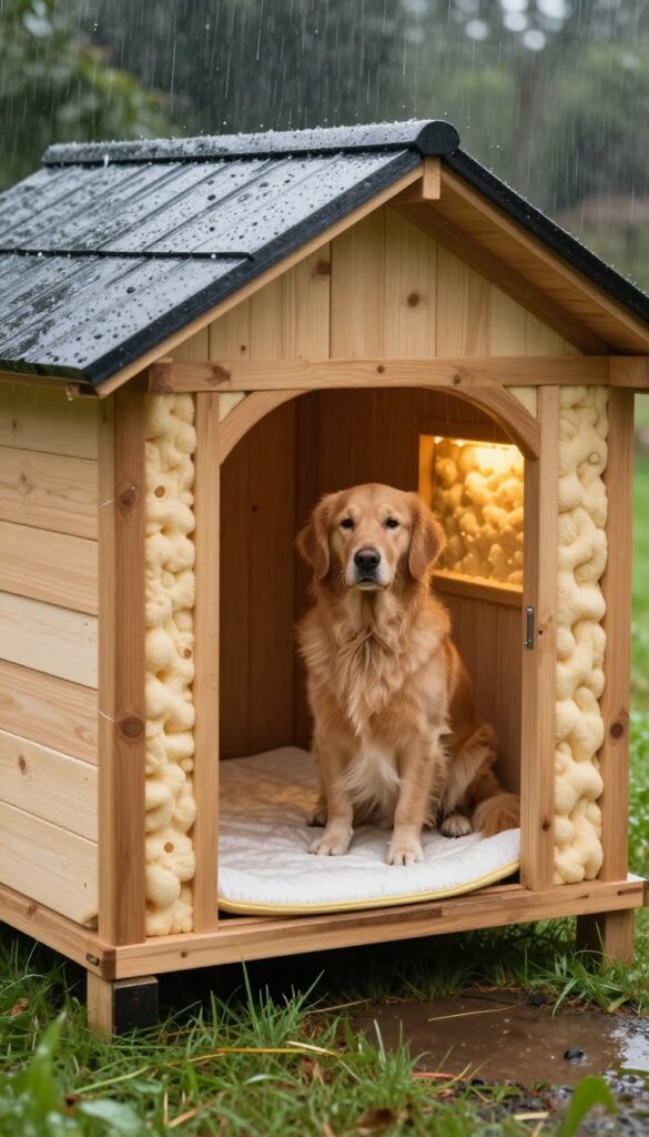 Insulated dog house with heated floor in rainy backyard