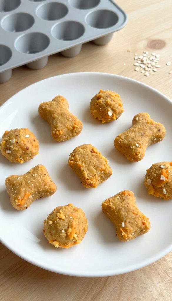 Homemade sweet potato and egg breakfast bites for dogs, baked golden-brown and fluffy, arranged on a white plate with a silicone mold in the background, in bright natural light.