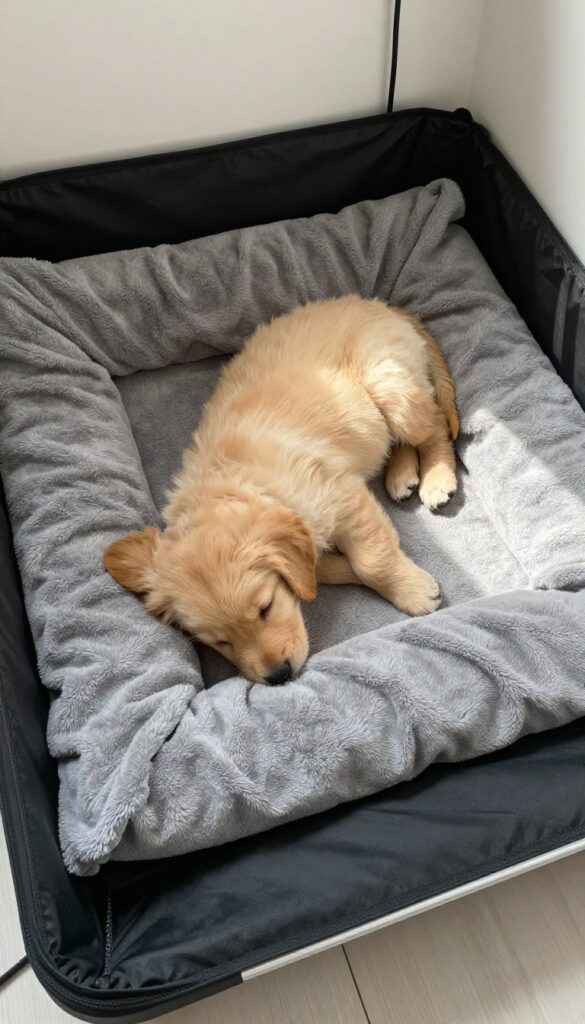 Dog sleeping on heated mat inside dog house with fleece blanket
