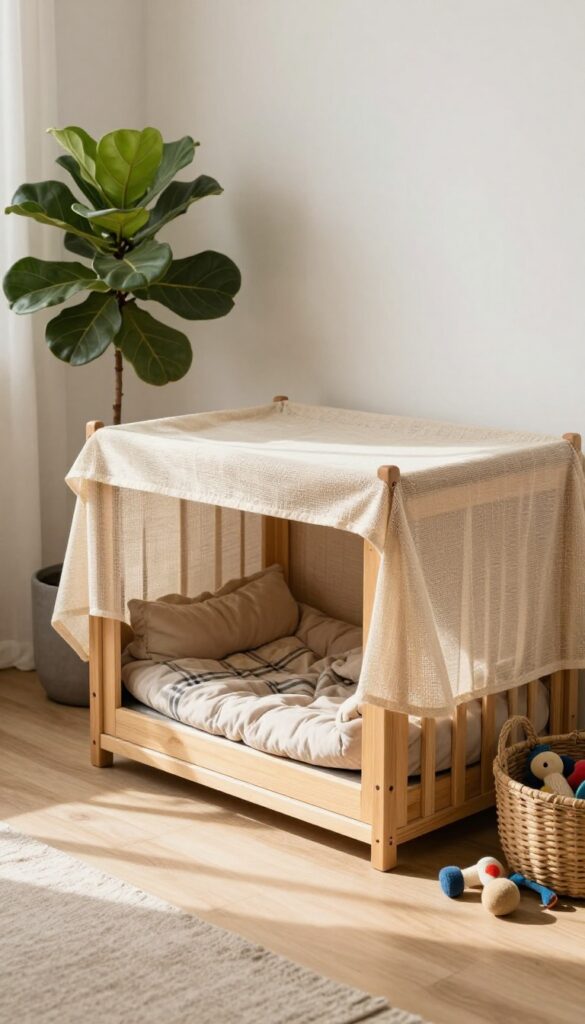 Cozy crate nook with soft bedding and cover in a bright living room corner