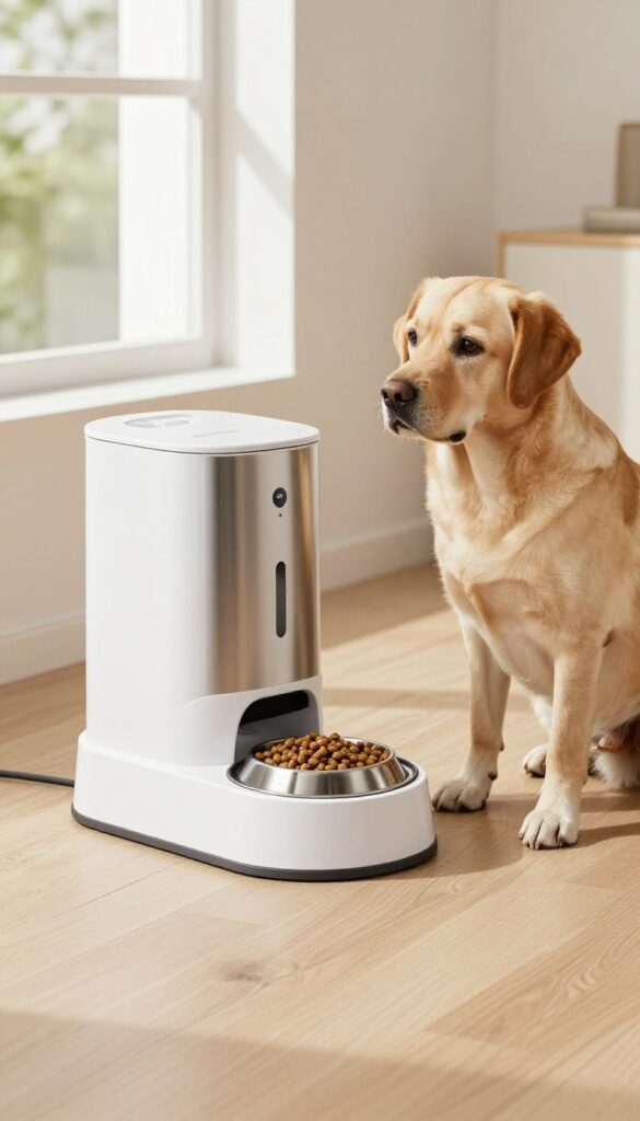A photorealistic image of an automatic dog feeder in a bright, natural-lit room with a Labrador Retriever waiting patiently nearby.