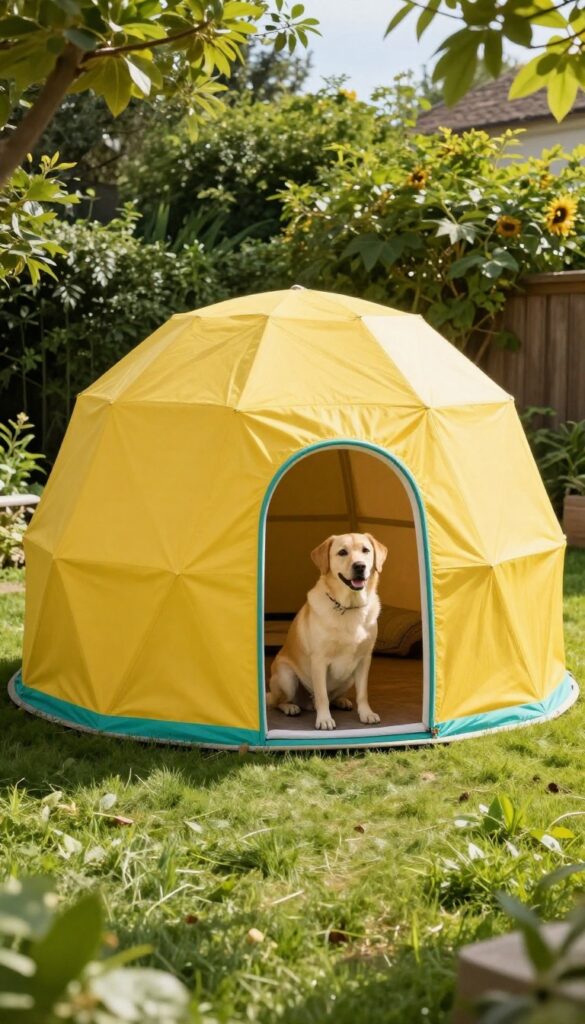 Geodesic dome dog house in bright yellow with teal accents, Labrador retriever next to it in sunny backyard