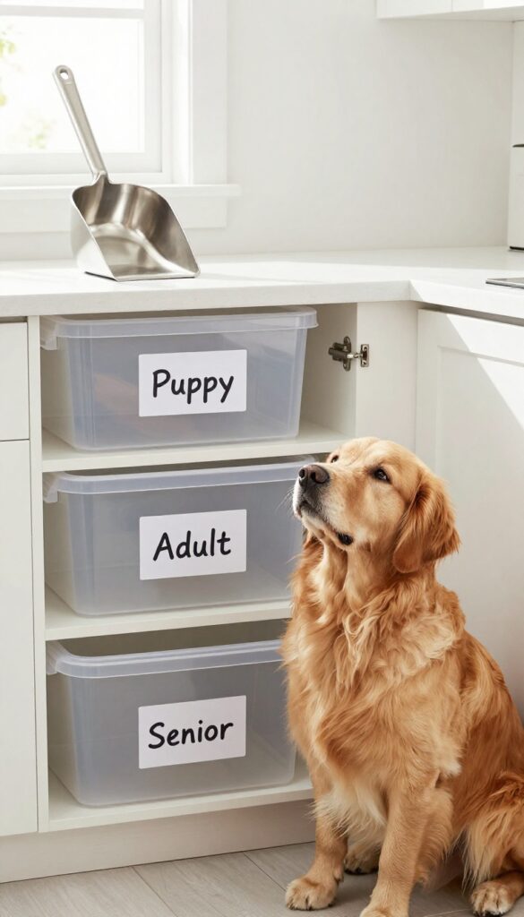 Stackable clear plastic bins with handwritten labels on a kitchen counter, a golden retriever sitting beside them.