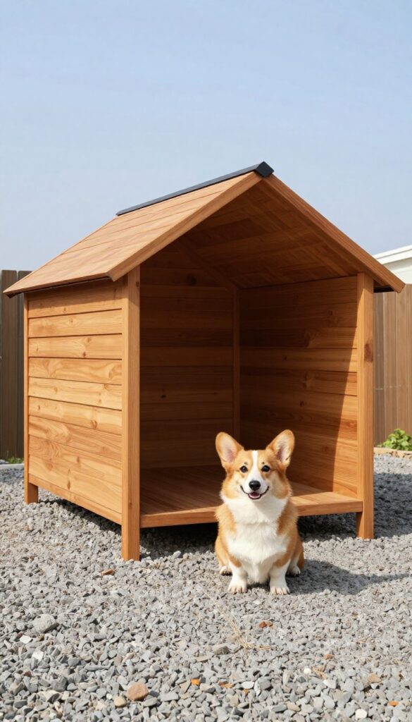 Mid-century modern A-frame dog house with cedar siding and Corgi nearby
