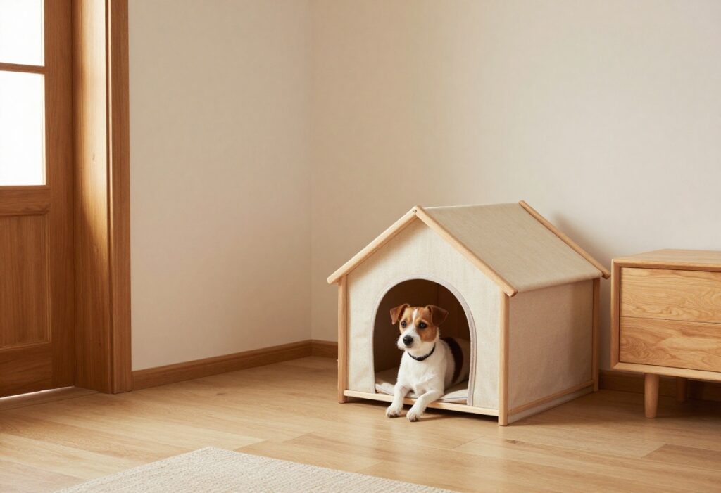 Small indoor dog house in a cozy apartment corner with a dog peeking out