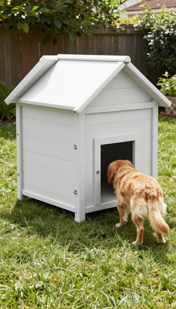 A portable pop-up dog house made of lightweight wood with hinges, set up in a sunny backyard with a dog nearby.