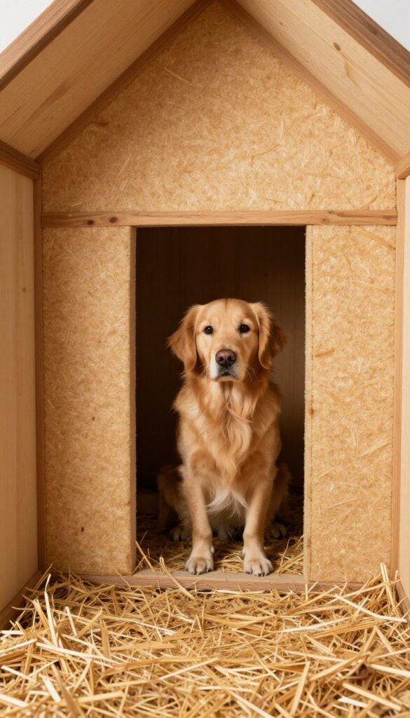 Foam board insulation upgrade inside a wooden dog house with a golden retriever peeking out