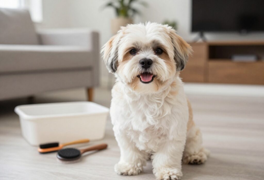 A well-groomed Shih Tzu in a home grooming setup with brushes and tools, looking content and ready for styling.