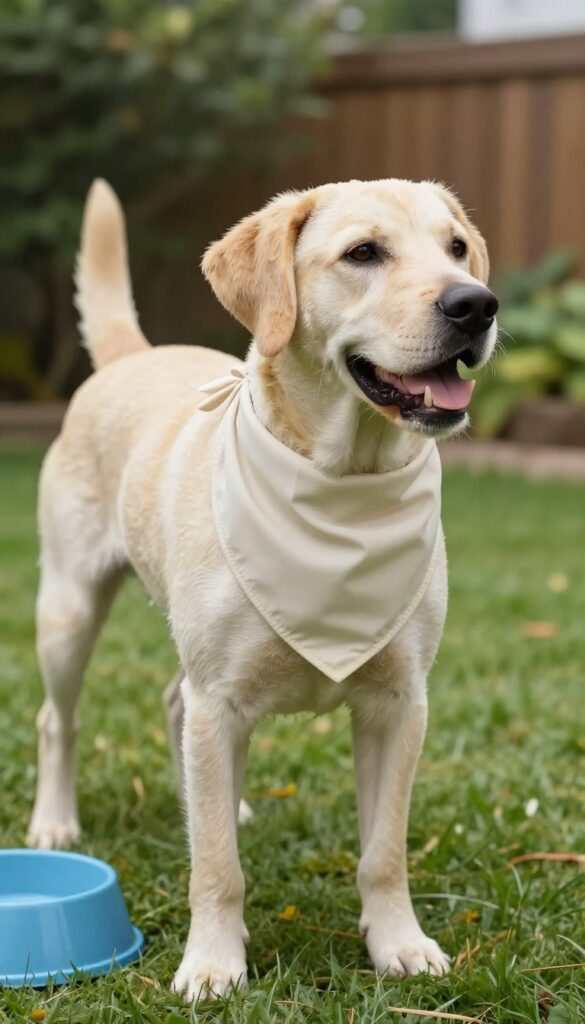 A dog wearing a DIY cooling bandana in a backyard, demonstrating a simple and effective way to keep pets comfortable in hot weather.
