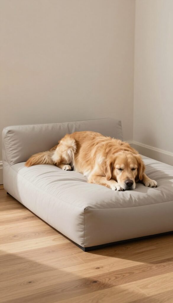 An older Golden Retriever resting comfortably on a plain orthopedic memory foam dog bed in a bright, natural-lit living room, highlighting the bed's support and comfort for joint health.