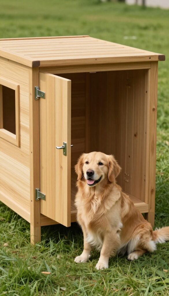 Dog house with detachable side panel removed for easy cleaning, golden retriever sitting beside it on grass.