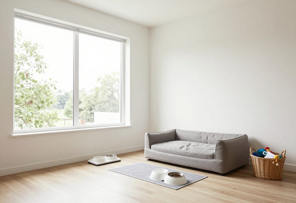 A clean and stylish living room with a dog bed, feeding station, and toy basket, showing a tidy dog-friendly space.