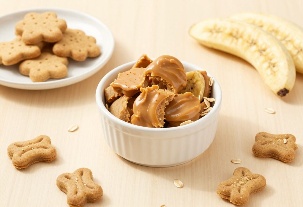 A selection of homemade dog snacks, including peanut butter banana bites, biscuits, and frozen treats, arranged on a wooden surface for a dog recipe blog.