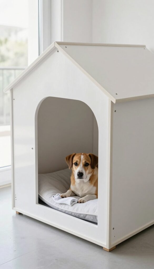 Smooth interior walls of a dog house with glossy finish, clean seams, and bright natural light