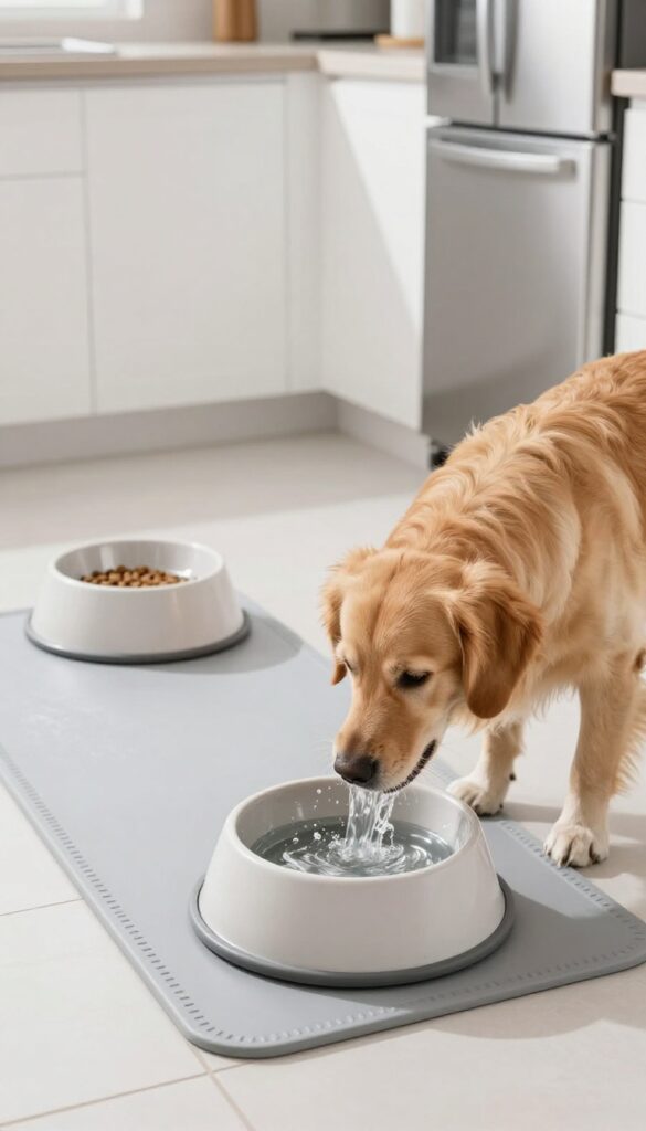 Dog feeding station with splash mat and raised bowls in a clean kitchen