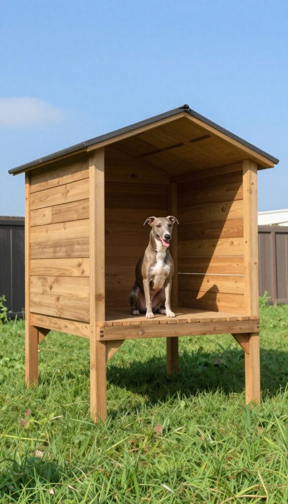 Elevated deck dog house with wind-blocking skirting and a dog lounging on the platform in a sunny yard