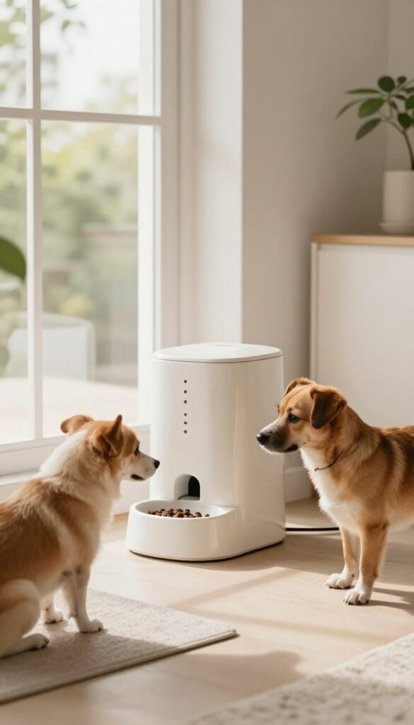 A decorative ceramic dog food dispenser in a stylish home setting with natural light, showing a dog approaching for feeding, blending with elegant decor for practical and aesthetic appeal.